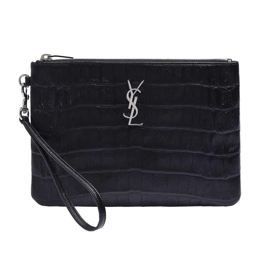 YSL 經典鱷魚紋牛皮銀色金屬LOGO拉鍊掛腕手拿包(黑)