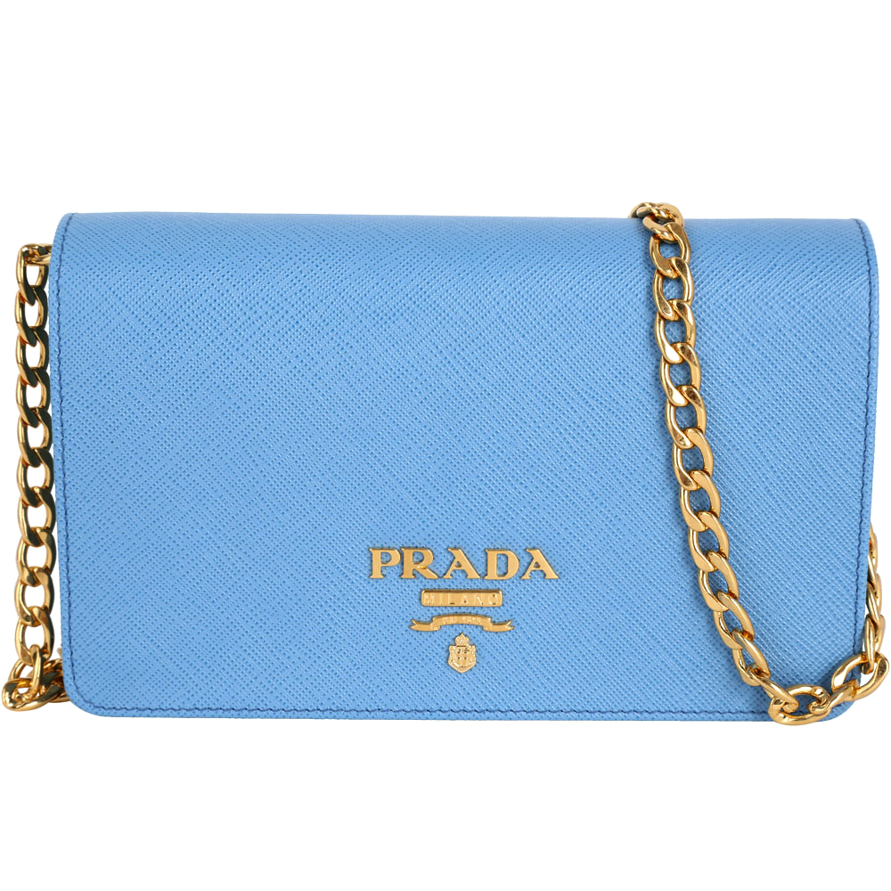 PRADA Saffiano 金字防刮牛皮雙層手拿/鍊包(迷你/天空藍)