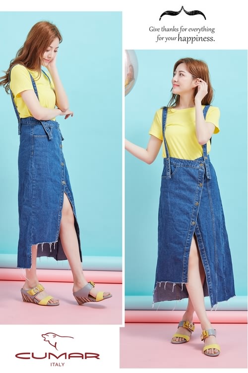 CUMAR撞色時尚-圓形水鑽裝飾楔型跟涼鞋-黃色