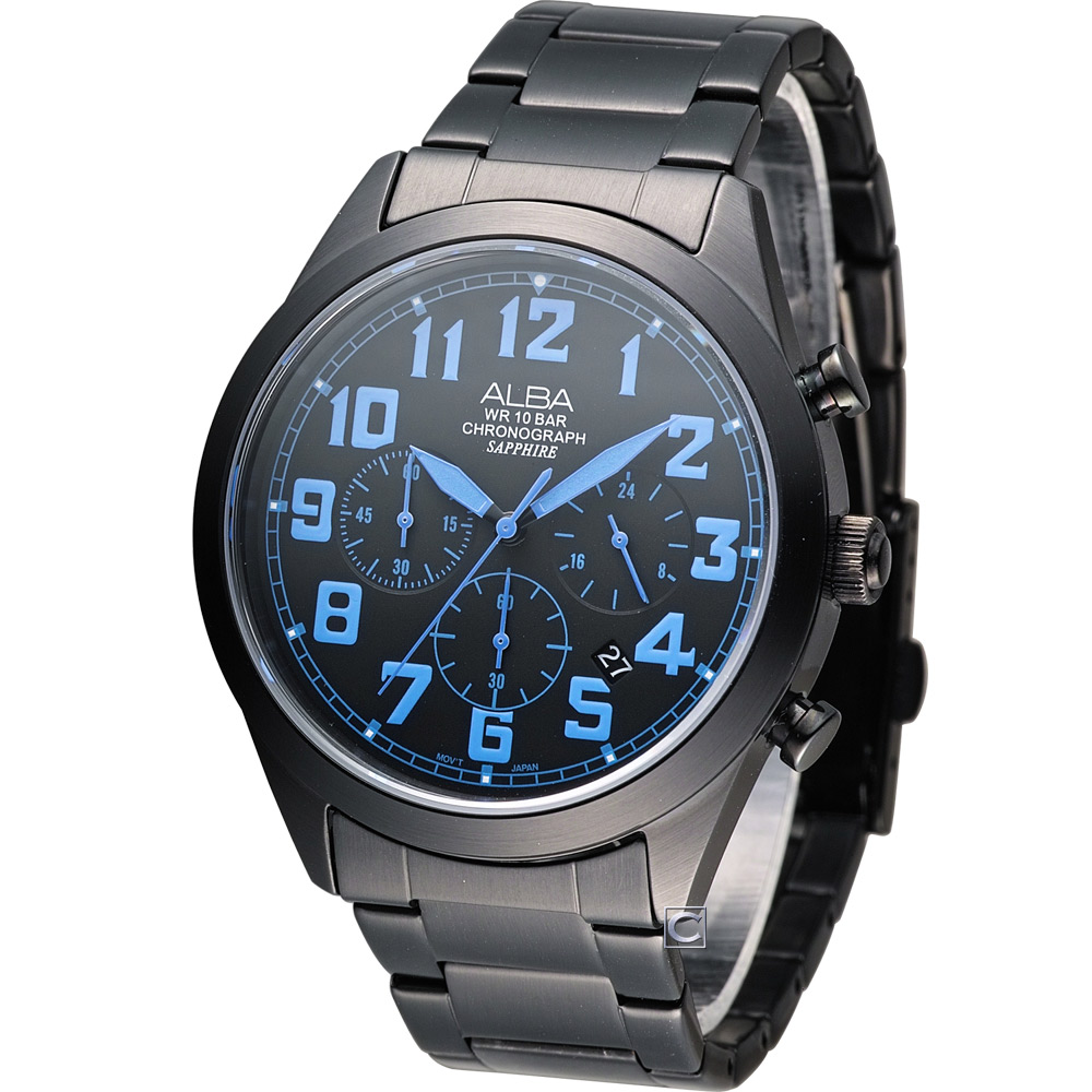 ALBA 雅柏 玩樂撞色計時時尚腕錶(AT3593X1)-鍍黑x藍/44mm