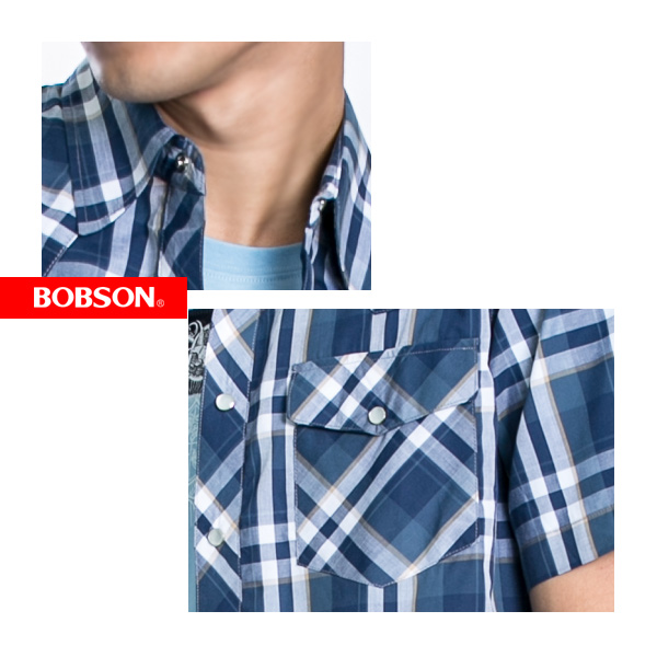 BOBSON 男款格紋短袖襯衫(藍23001-53)