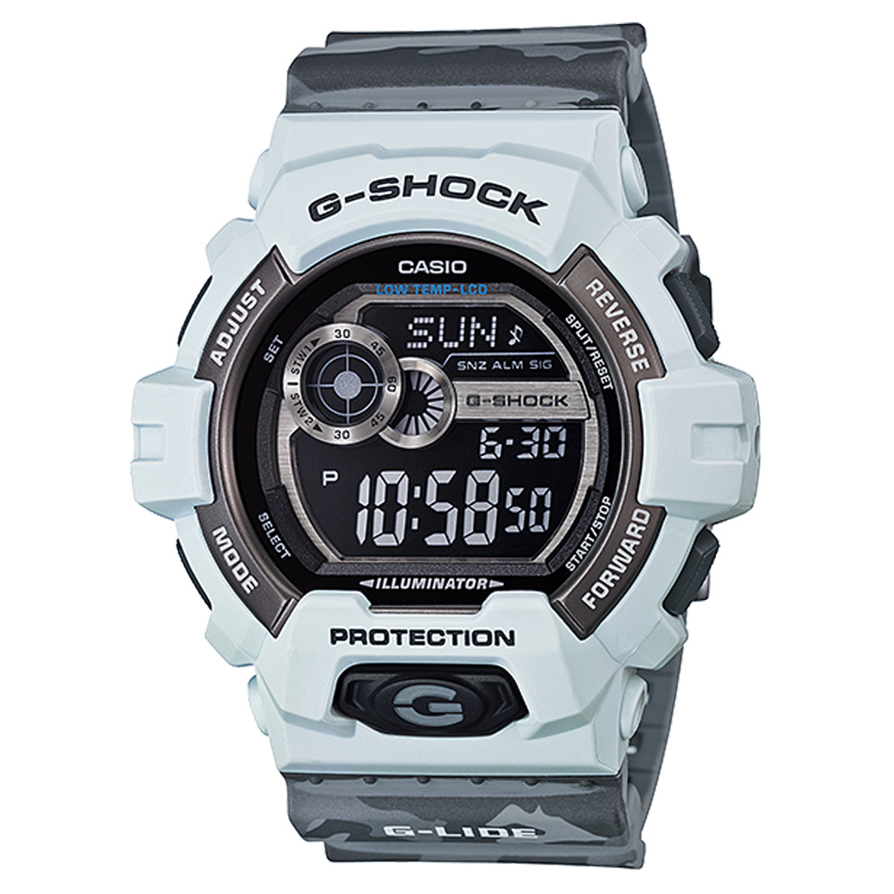 G-SHOCK 極限運動迷彩G-LIDE系列休閒錶-白框X灰/52mm