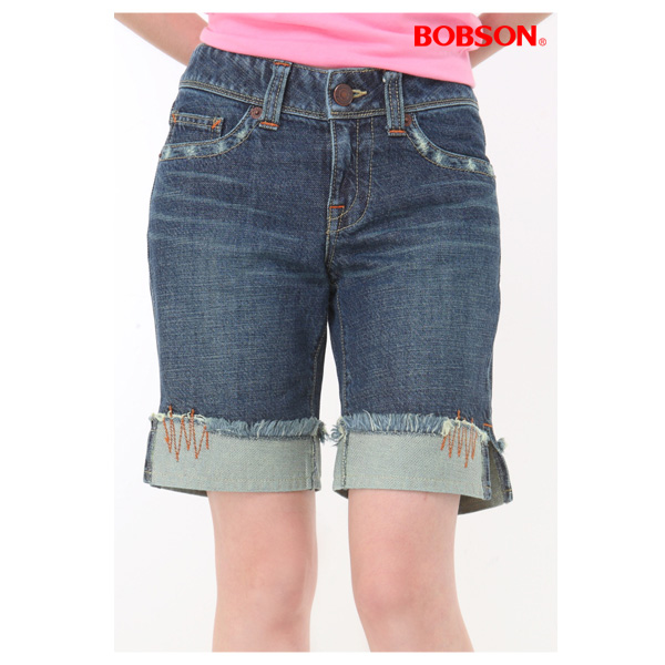 BOBSON 女款反摺牛仔短褲(藍132-77)