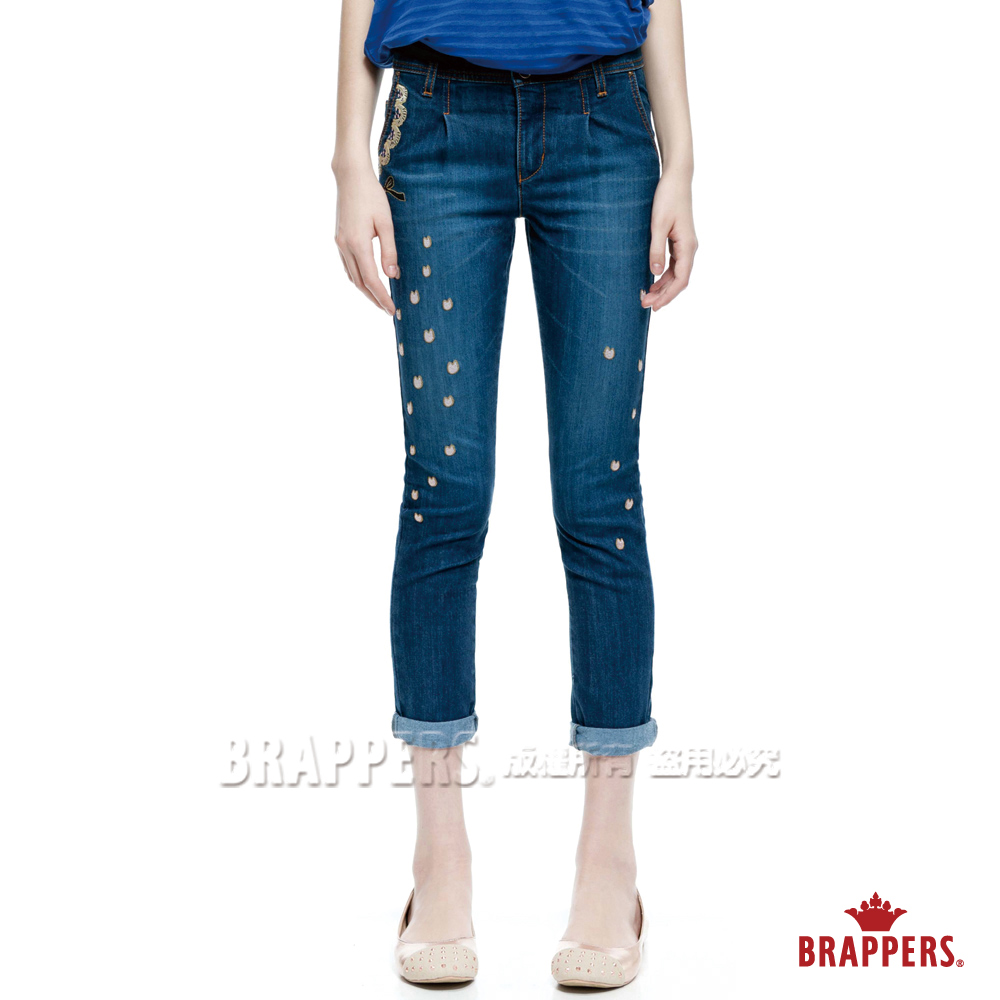 BRAPPERS 女款 BF Ballon系列- 女用彈性燈籠八分鑲鑽反摺褲-藍
