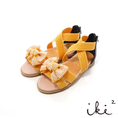 iki2童鞋-可愛鑽飾蝴蝶結彈性交叉涼鞋-繽紛黃