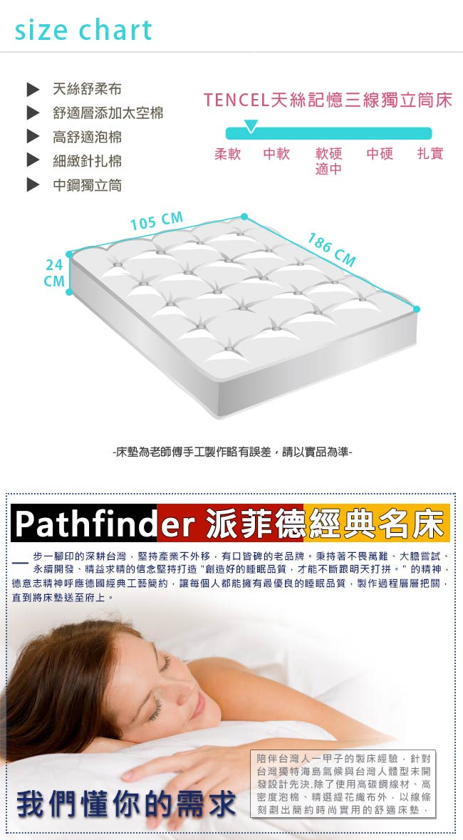Pathfinder派菲德 TENCEL天絲記憶三線獨立筒床墊-單人加大3.5尺