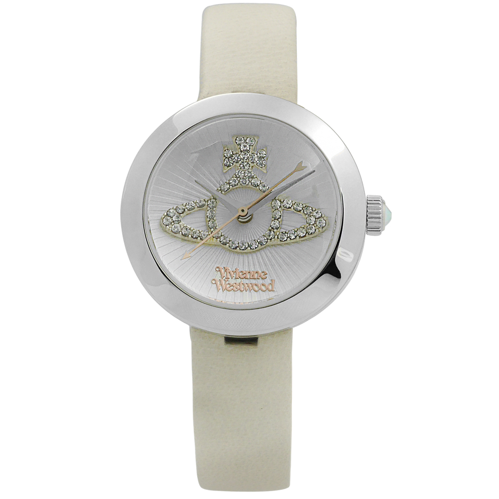 Vivienne Westwood 獨特典雅晶鑽真皮腕錶-銀x杏/30mm