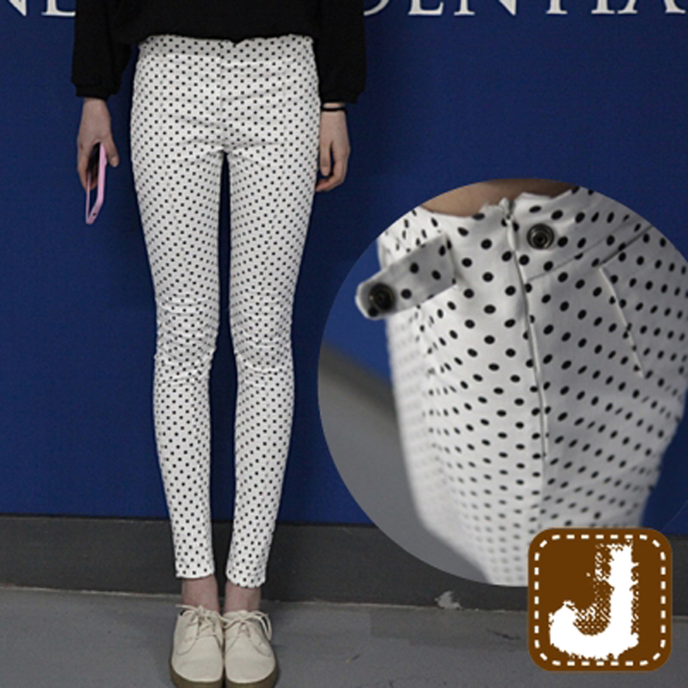 正韓 水玉點點平腹側釦窄管-(白色)100%Korea Jeans