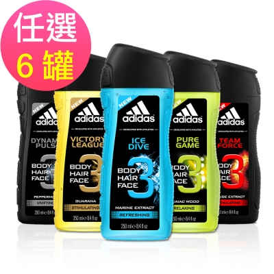 adidas愛迪達 男用潔顏洗髮沐浴露任選6罐(250ml/罐)