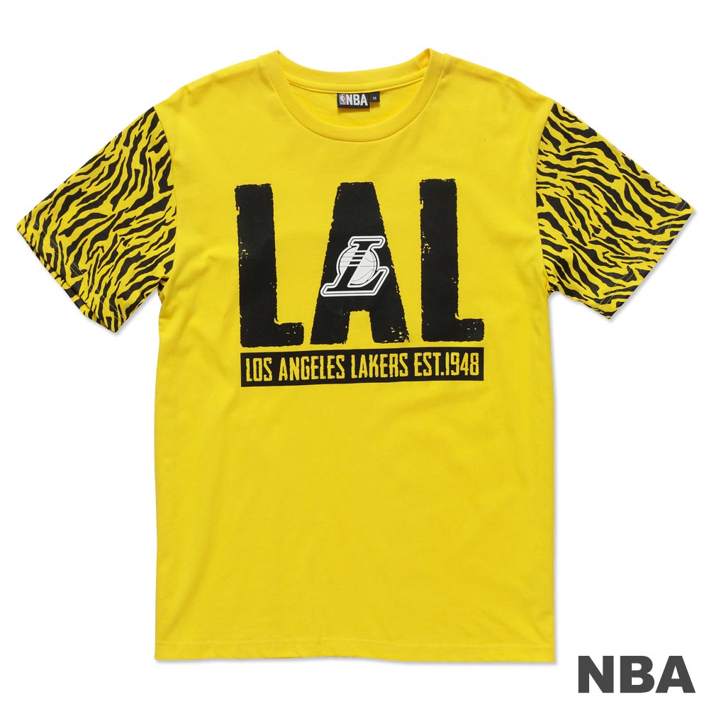 NBA-洛杉磯湖人隊斑紋拼接短袖T恤-黃(男)