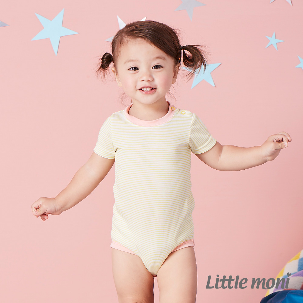 Little moni 涼感系列條紋肩開釦包屁衣  黃色