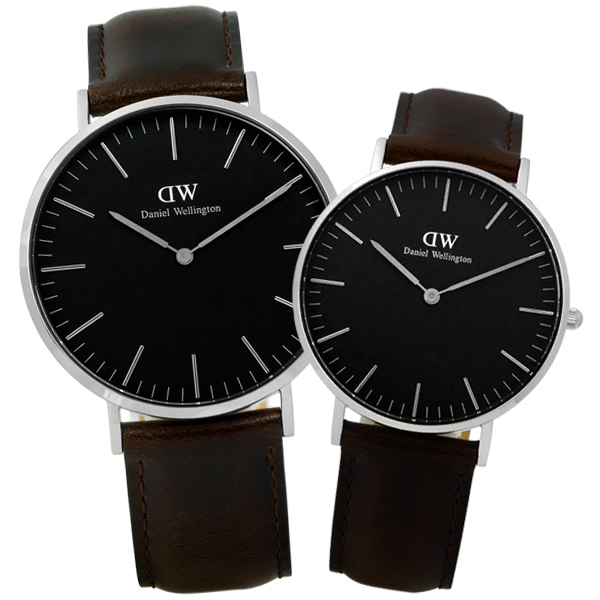 DW Daniel Wellington 旗艦真皮對錶-黑x深咖啡/40mm+36mm