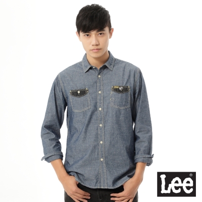 Lee 長袖襯衫 101PLUS牛仔拼接 -男款(藍)