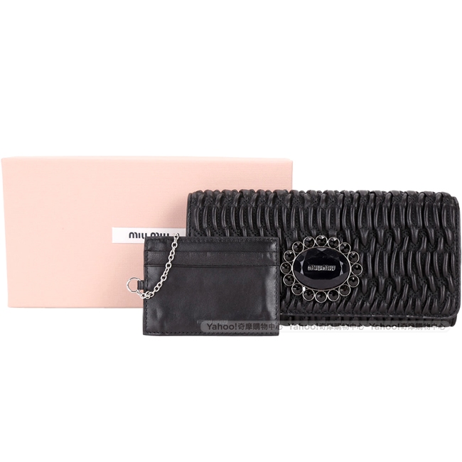 miu miu Cristal 小羊皮抓皺鑽飾釦式長夾(黑色/附可拆式證夾)