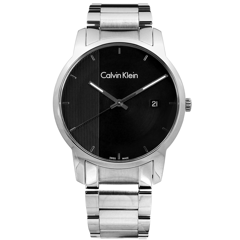 CK  經典直條紋日期視窗瑞士製造不鏽鋼手錶-黑色/43mm