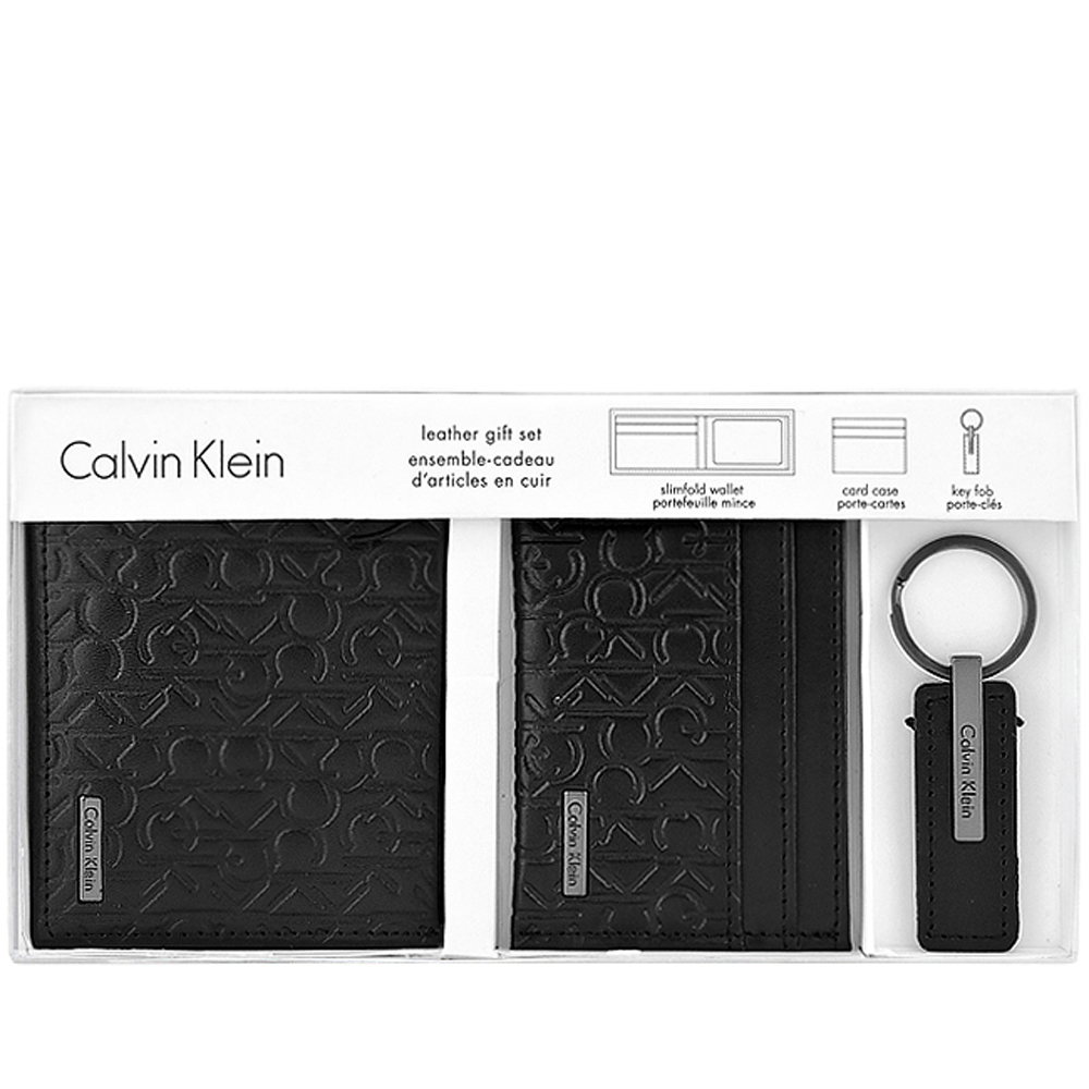 Calvin Klein 黑色皮革LOGO壓紋雙摺五卡短夾-附名片夾及鑰匙圈