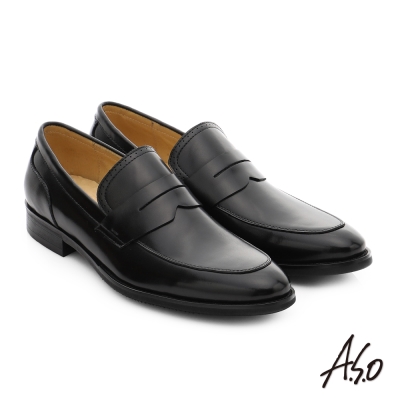 A.S.O 職人通勤 簡約全真皮直套式紳士皮鞋 黑色
