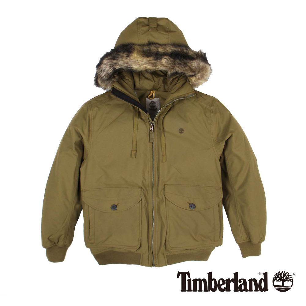 Timberland 男款橄欖綠素面防水連帽皮草外套
