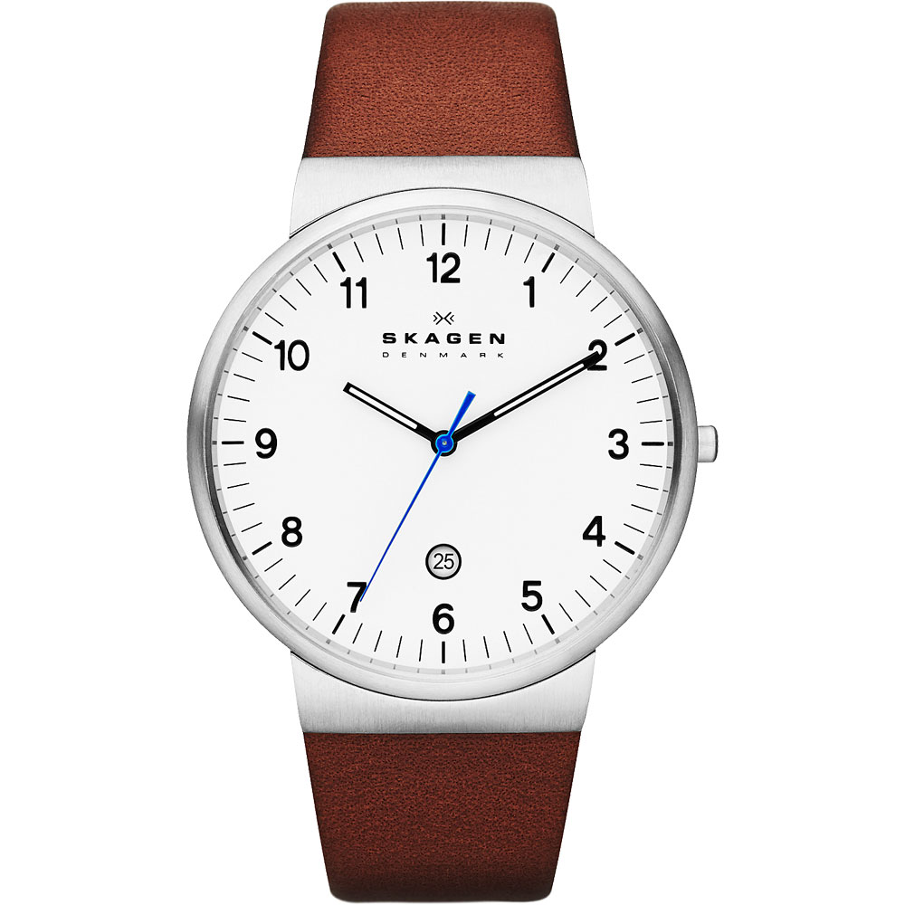 SKAGEN 都會時尚大三針石英腕錶-白x咖啡/40mm