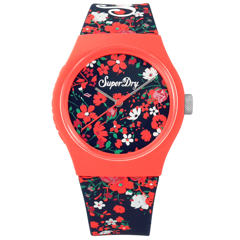 Superdry 特色小碎花品牌LOGO矽膠手錶-深藍x粉橘框/38mm