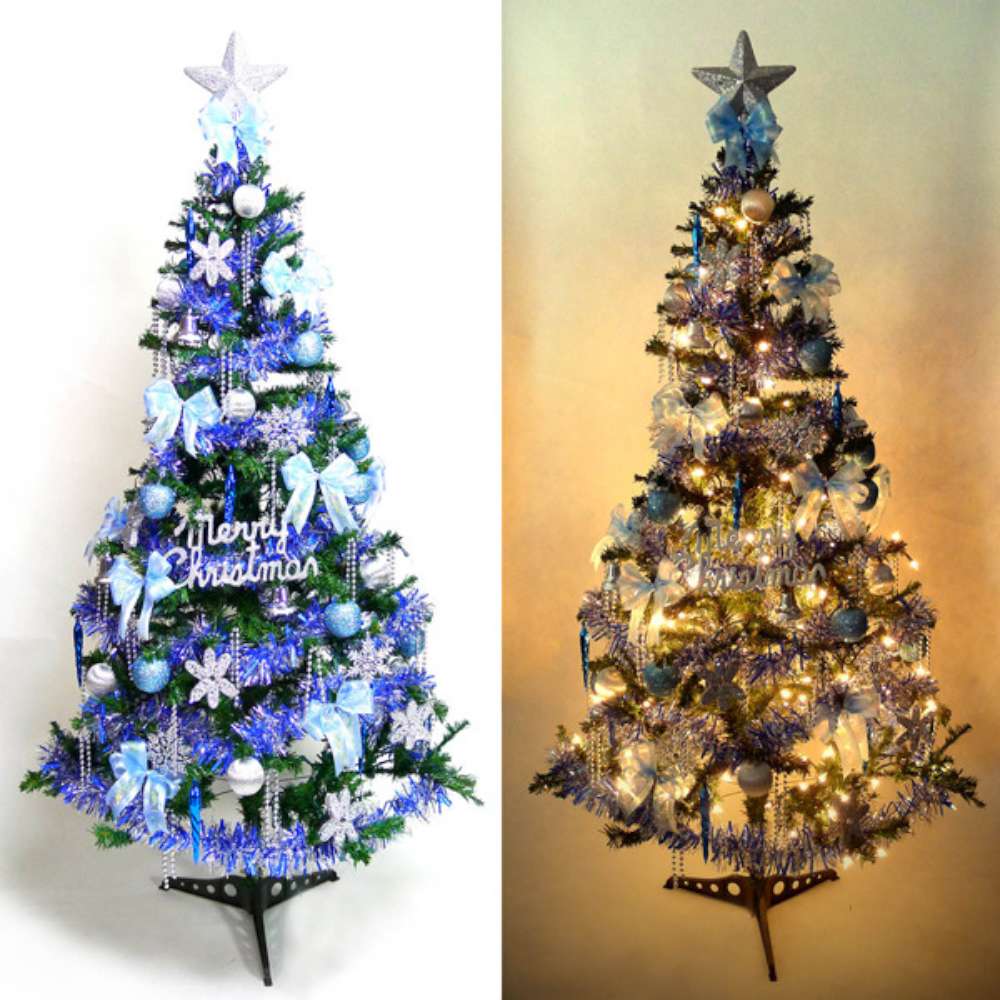 摩達客 幸福5尺(150cm)一般型綠聖誕樹(藍銀色系配件+100燈鎢絲2串)