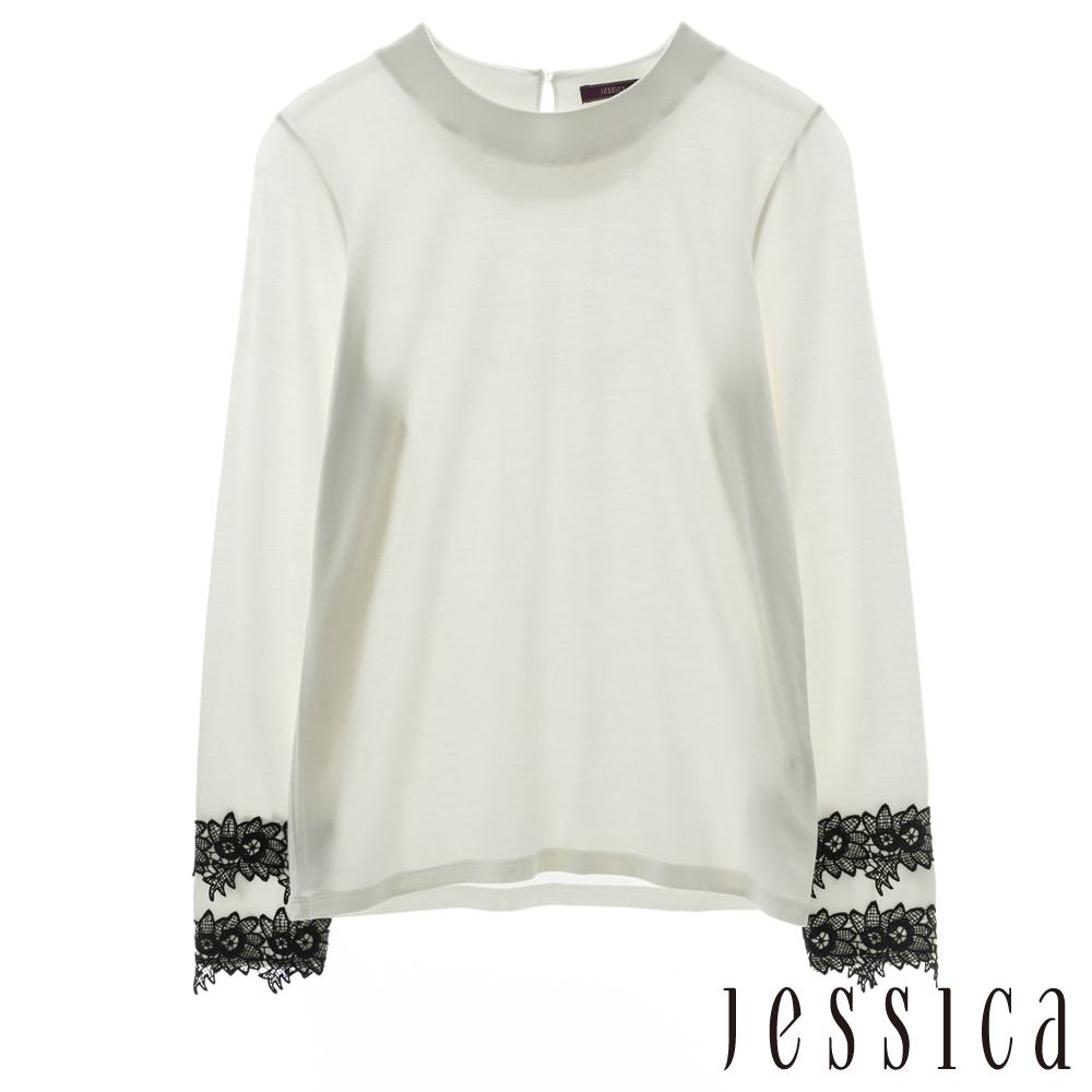 JESSICA-簡約慵懶蕾絲圓領上衣(白)