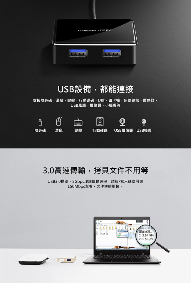 綠聯 4 Port USB3.0鋁鎂合金集線器