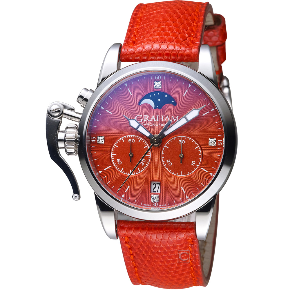 GRAHAM格林漢 左冠月色銀光計時時尚腕錶-紅色/36mm