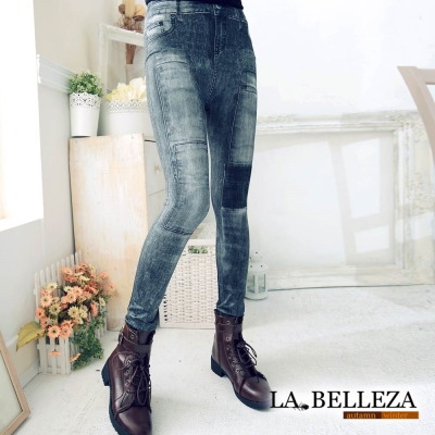 【La Belleza】貼補方塊假口袋刷色仿牛仔內搭褲