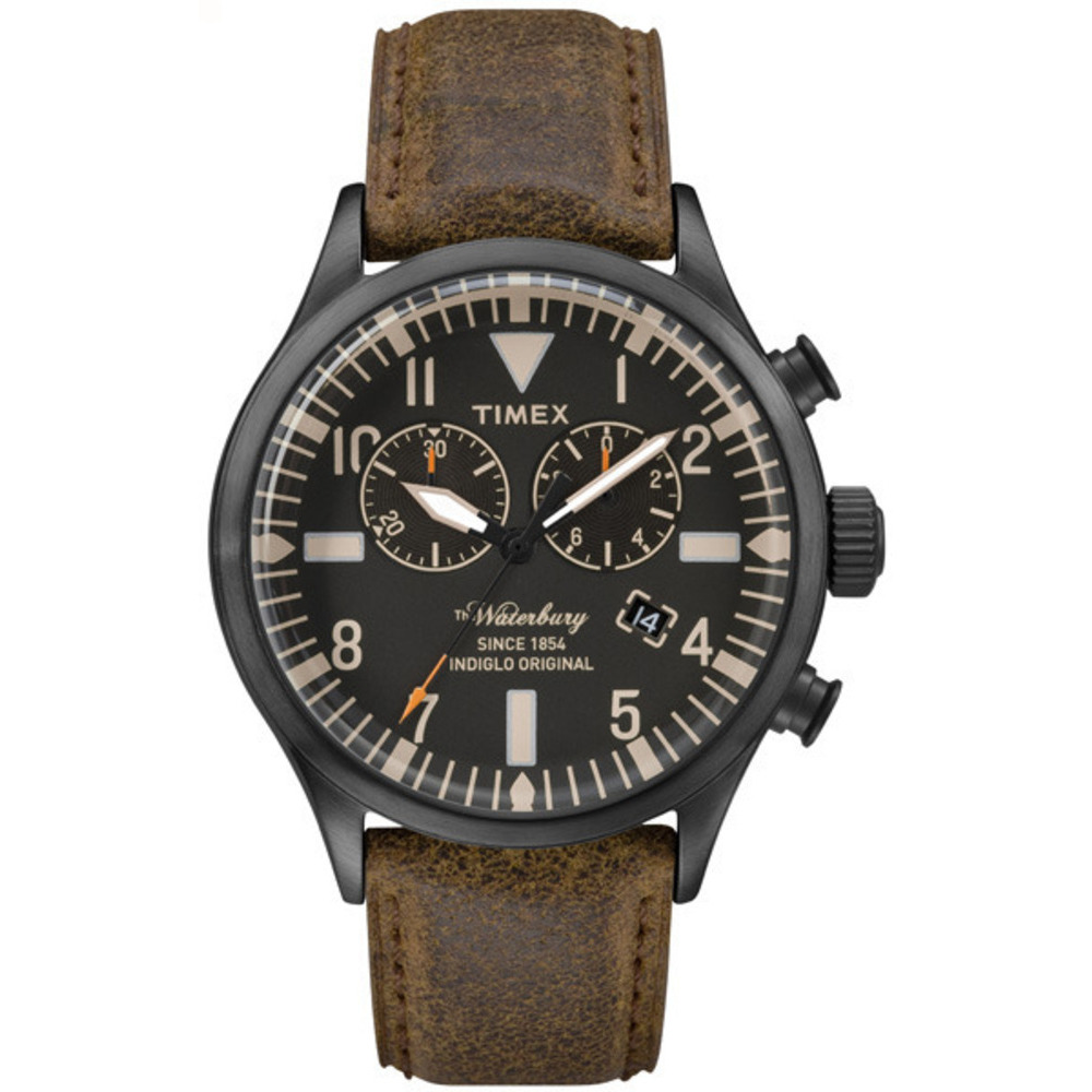 TIMEX-雙眼計時腕錶Waterbury Chronograph系列-黑/褐帶-42mm