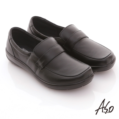 A.S.O 學生鞋款 全真皮素面莫卡辛氣墊鞋 黑