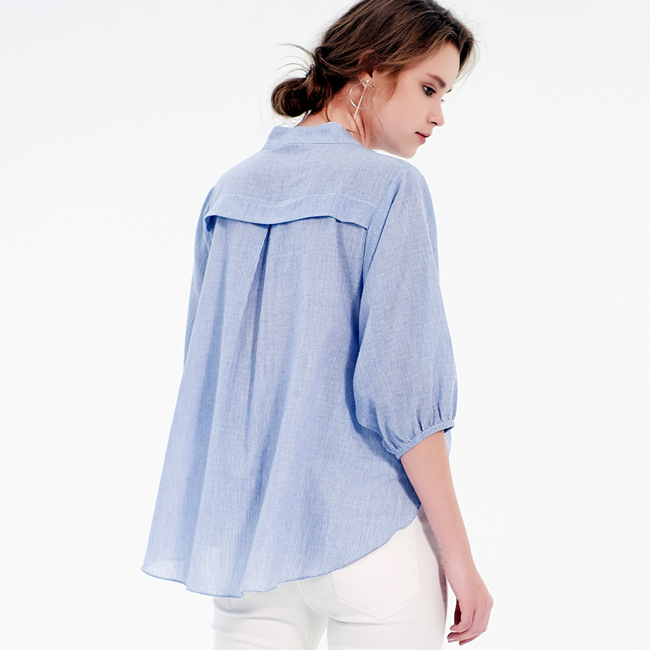 Gennies專櫃-純棉條紋立領燈籠袖哺乳衣(T3F05)藍白條