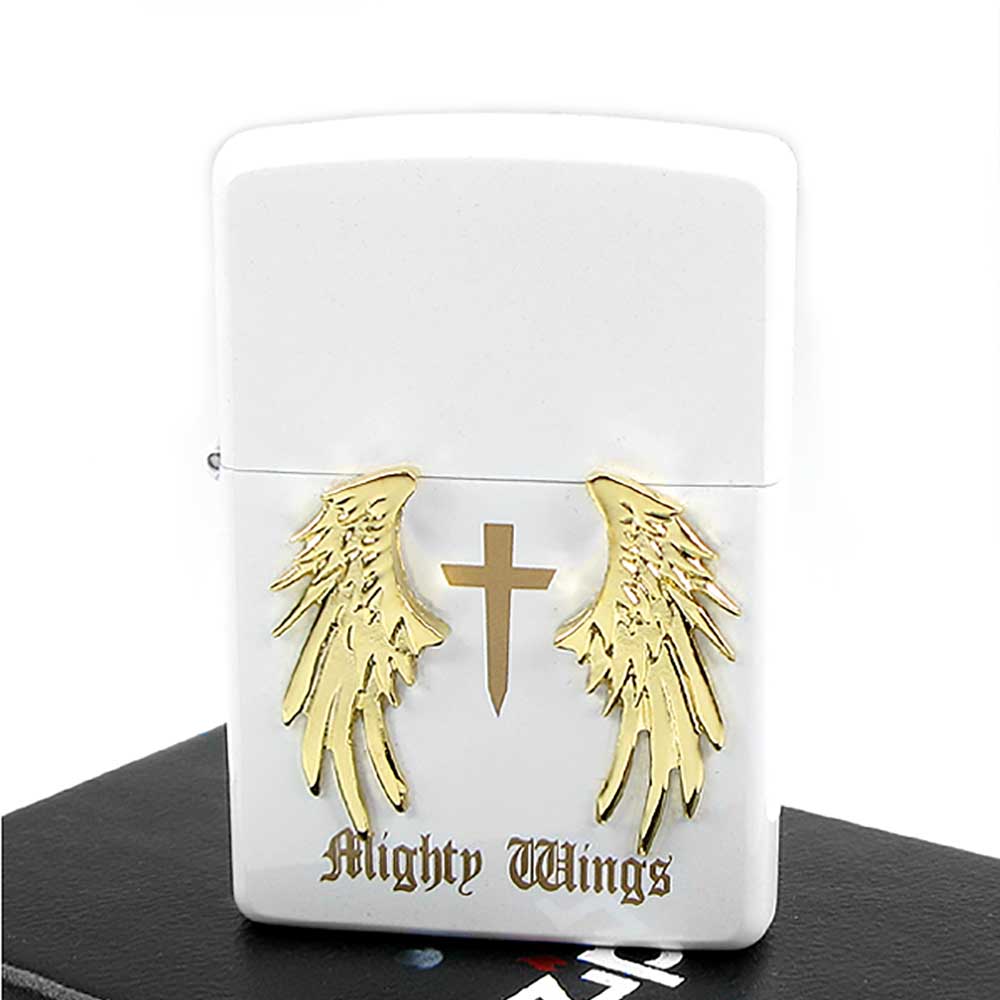 【ZIPPO】日系~Mighty Wings-天使翅膀立體貼飾打火機(白)