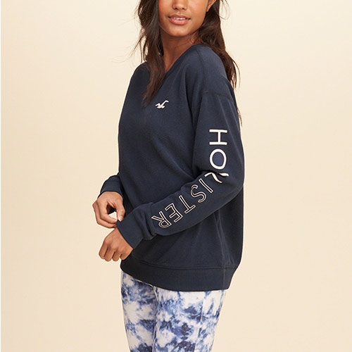 Hollister 經典海鷗文字印刷長袖T恤(女)-深藍色 HCO