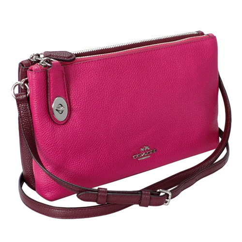 COACH桃紅撞色荔枝紋全皮雙層拉鍊袋斜背小包