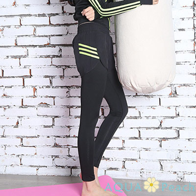 運動褲 螢光三條槓假兩件彈性長褲 (綠色)-AQUA Peach