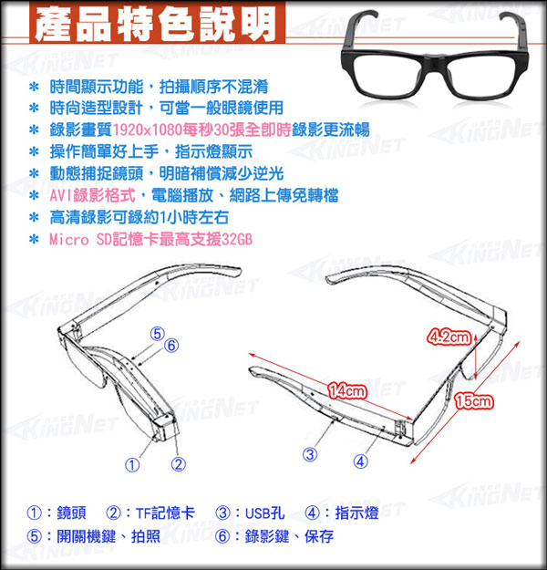 KINGNET 1080P 偽裝威靈頓框眼鏡型 微型攝影機 密錄器