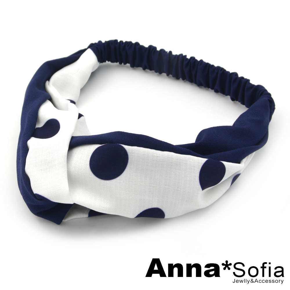 AnnaSofia 波點雙拼布交叉結 彈性寬髮帶(深藍系)