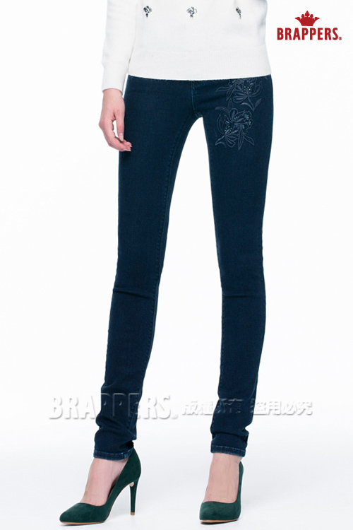 BRAPPERS 女款 新美腳Royal系列-中腰彈性鑲鑽窄管褲-藍