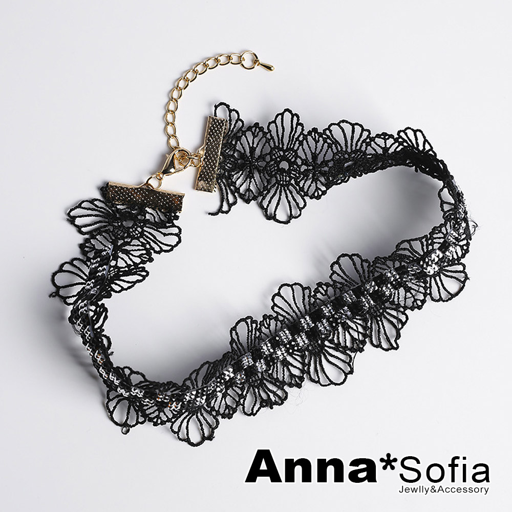 AnnaSofia 花鏤方塊排晶 鎖骨單層項鍊頸鍊CHOKER(黑系)