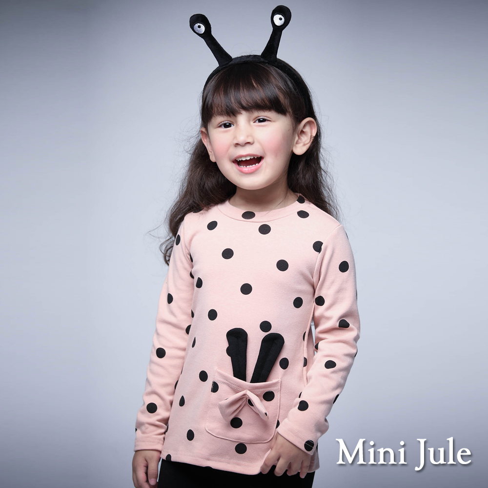 Mini Jule 童裝-上衣 滿版點點兔耳造型口袋長袖T恤(豆粉)