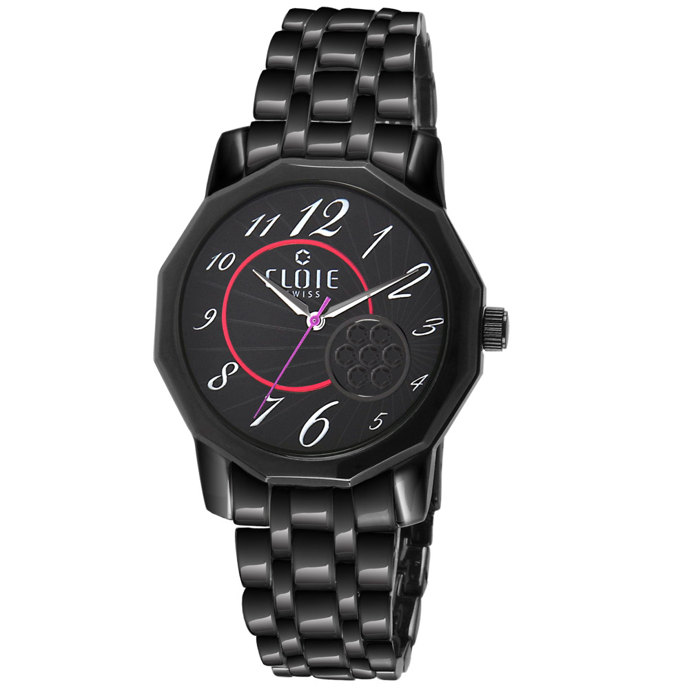 CLOIE 璀璨飛舞不鏽鋼時尚腕錶-黑x桃紅/39mm