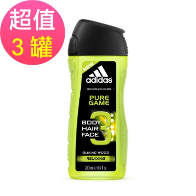 adidas愛迪達 男用三效潔顏洗髮沐浴露(極限挑戰)x3罐(250ml/罐)