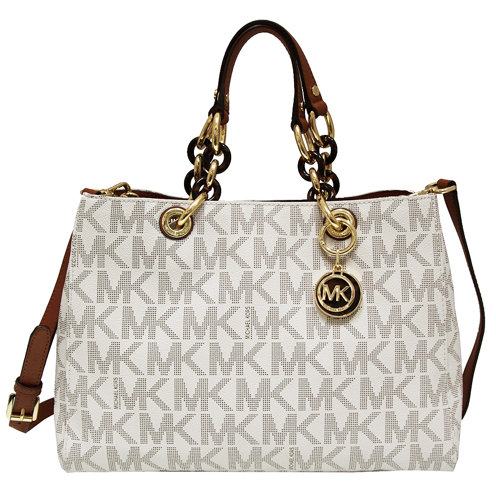 MICHAEL KORS CYNTHIA 滿版LOGO皮革手提/斜背包-香草白(中)