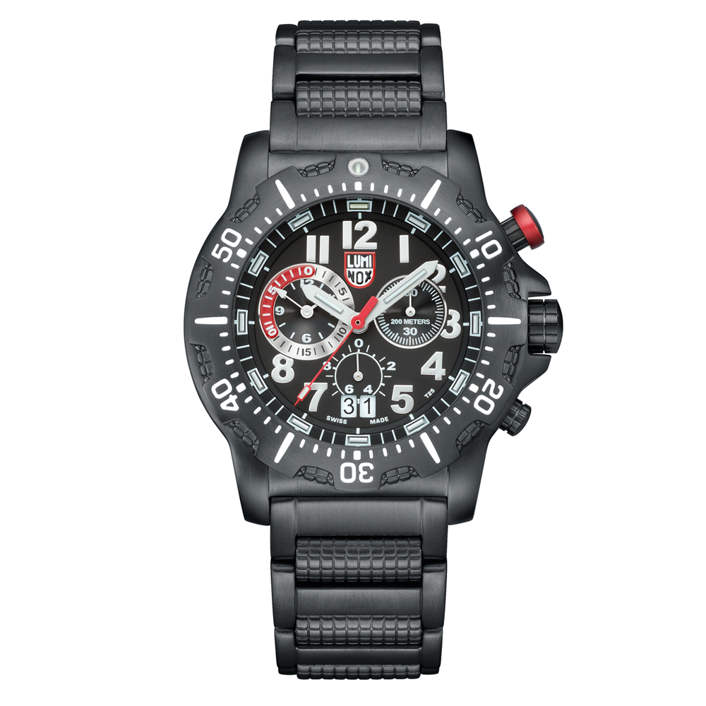 LUMINOX DIVE潛水系列 藍寶石水晶鋼鍊三眼計時腕錶-黑x白時標/44mm