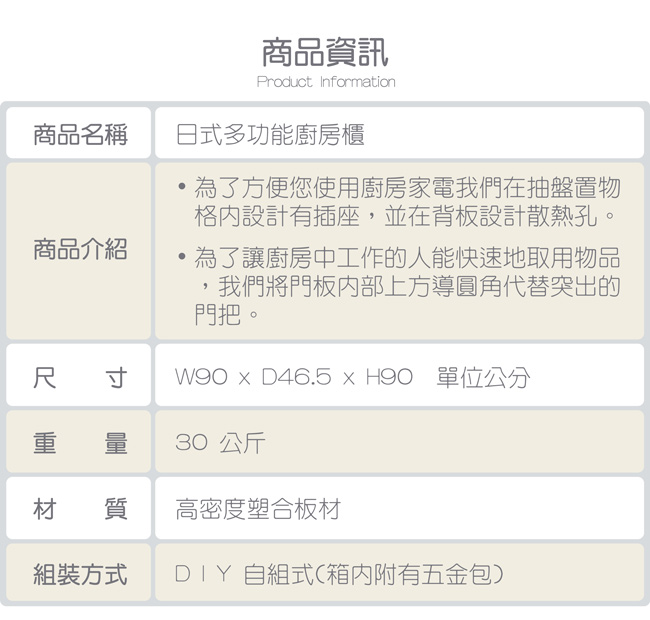 TZUMii 日式多功能三門廚房櫃-90*46.5*90cm