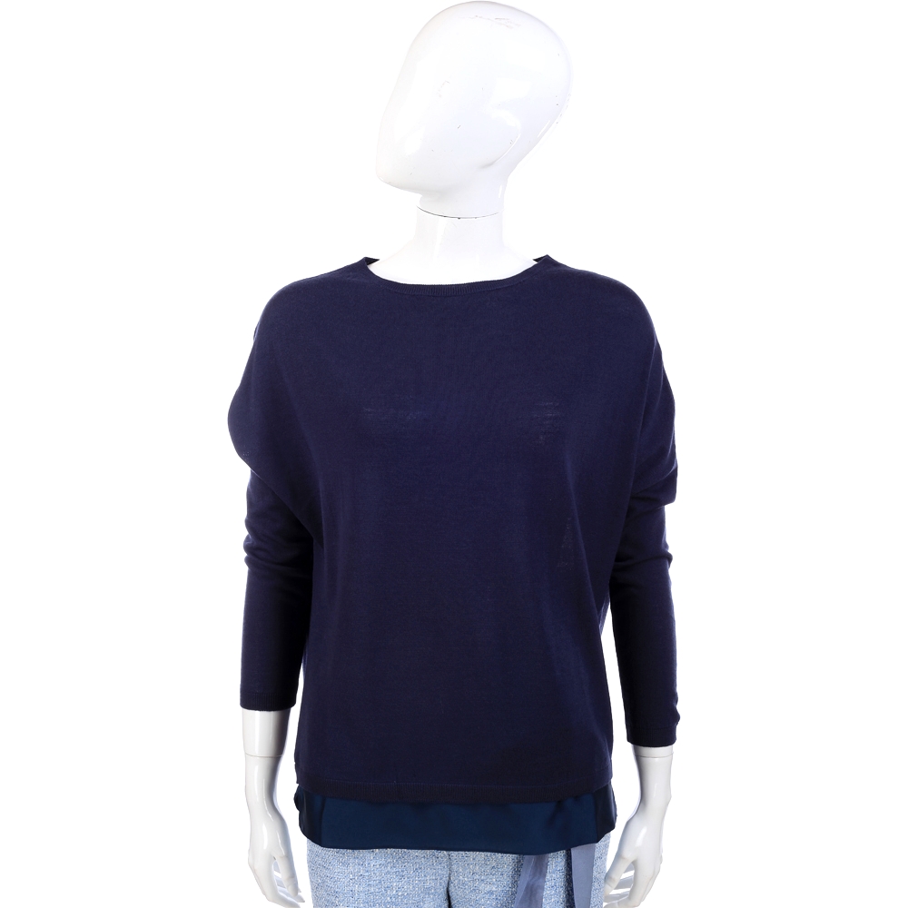FABIANA FILIPPI 深藍色緞面下襬拼接設計羊毛上衣(100%LANA)