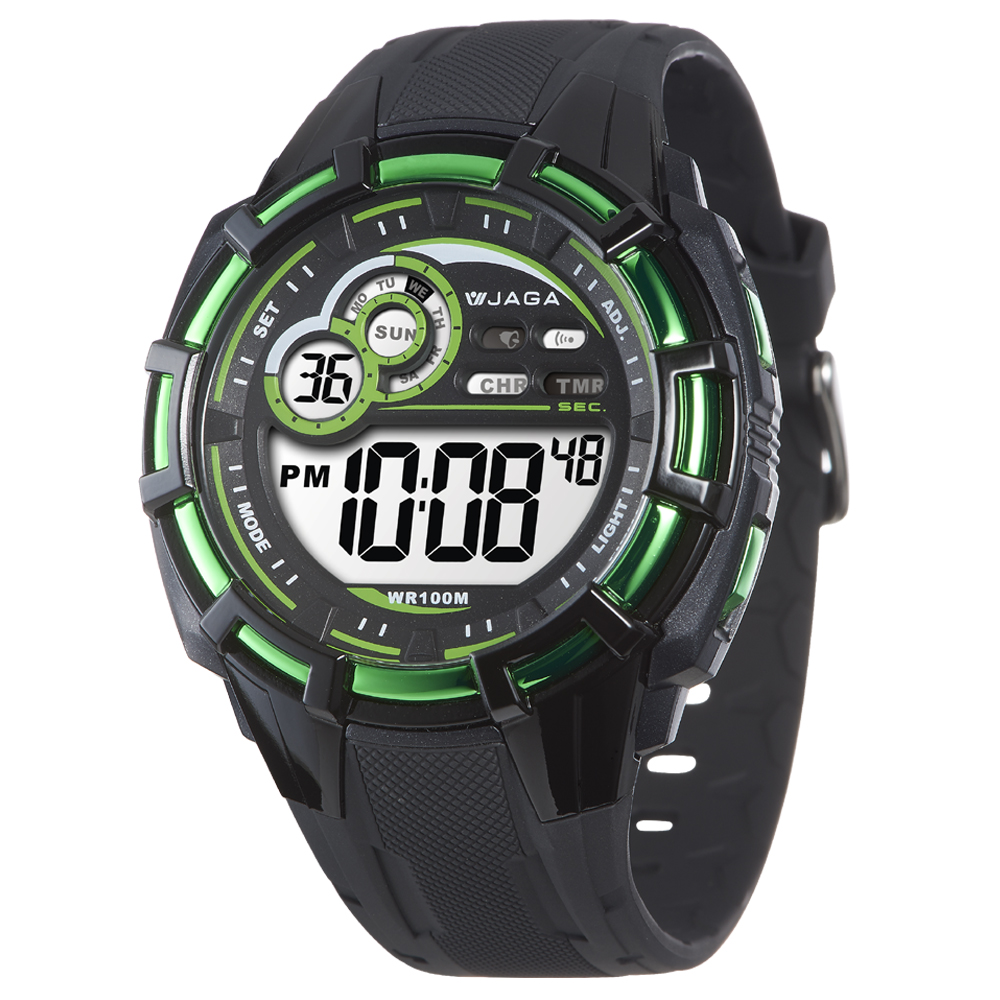 JAGA 捷卡 帥氣有勁多功能運動電子錶-黑綠/50mm