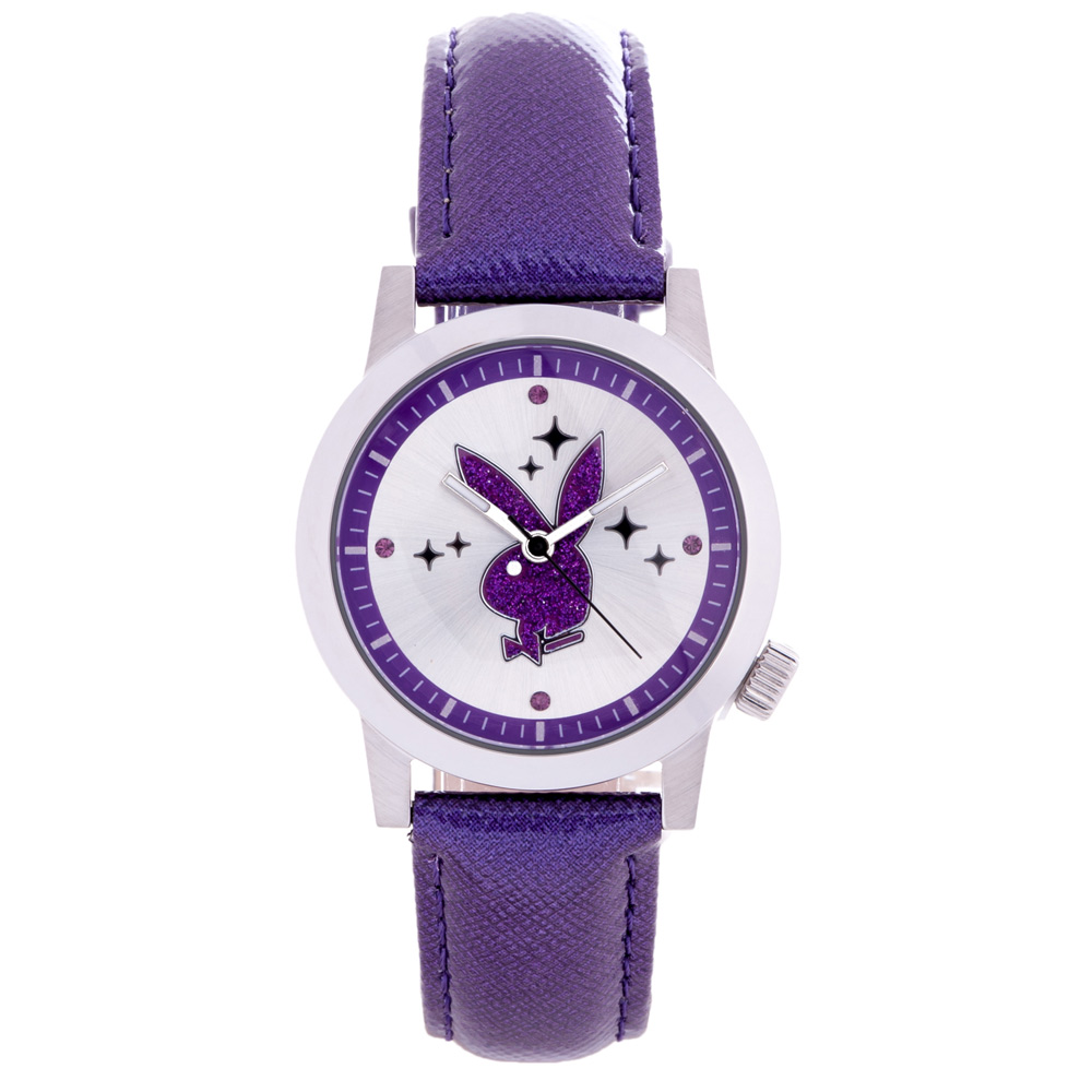 PLAYBOY 繽紛亮片時尚錶 紫色帶+銀框/35mm