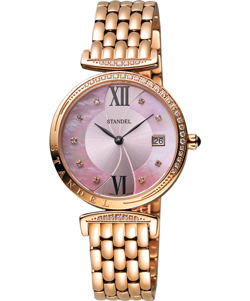 Standel Luxury 詩丹麗極光系列真鑽女錶-粉色珍珠貝x玫塊金/32mm